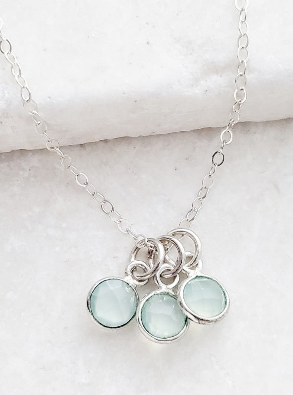 Silver Gemstone Cluster Trio Necklace - Aqua Chalcedony