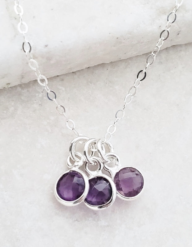 Silver Gemstone Cluster Trio Necklace - Amethyst