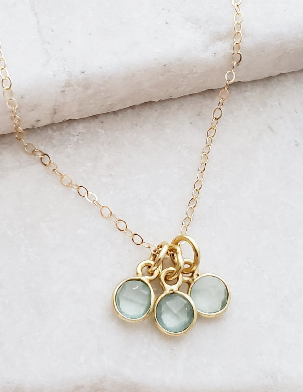 Gold Gemstone Cluster Trio Necklace - Aqua Chalcedony