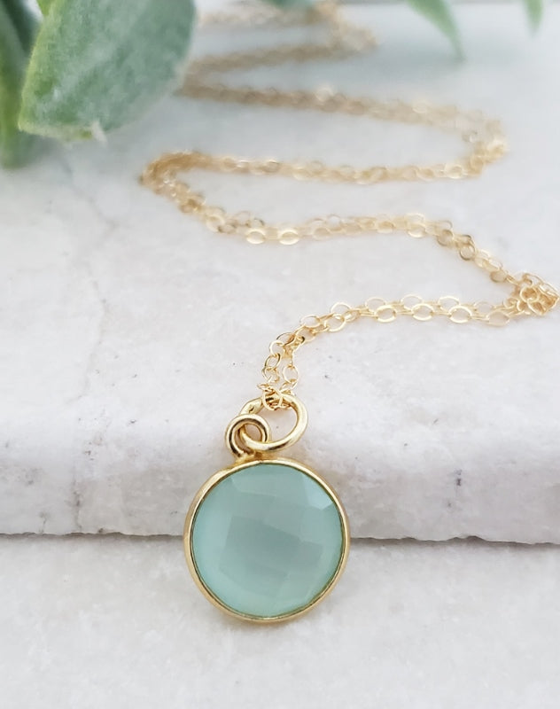 Gold Round Aqua Chalcedony Necklace