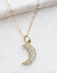 Vermeil Gold CZ Pave Crescent Moon Necklace