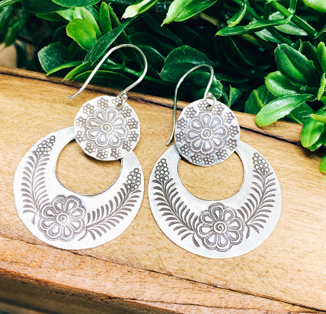 Sterling Silver: Large Floral Dangle Earrings